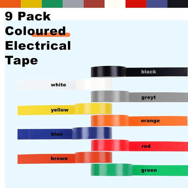 Romeda 9 Pack Coloured Electrical Tape, Electrical Tape Colours Water, Sun, and Oil Resistant, Suitable for Most Domestic, Commercial, and Industrial environments. - Image 3